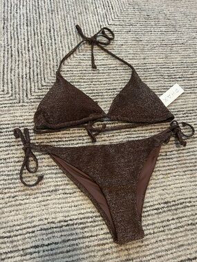 PHAX Shimmery Brown Triangle Bikini Set Cheeky Bottom Size Large